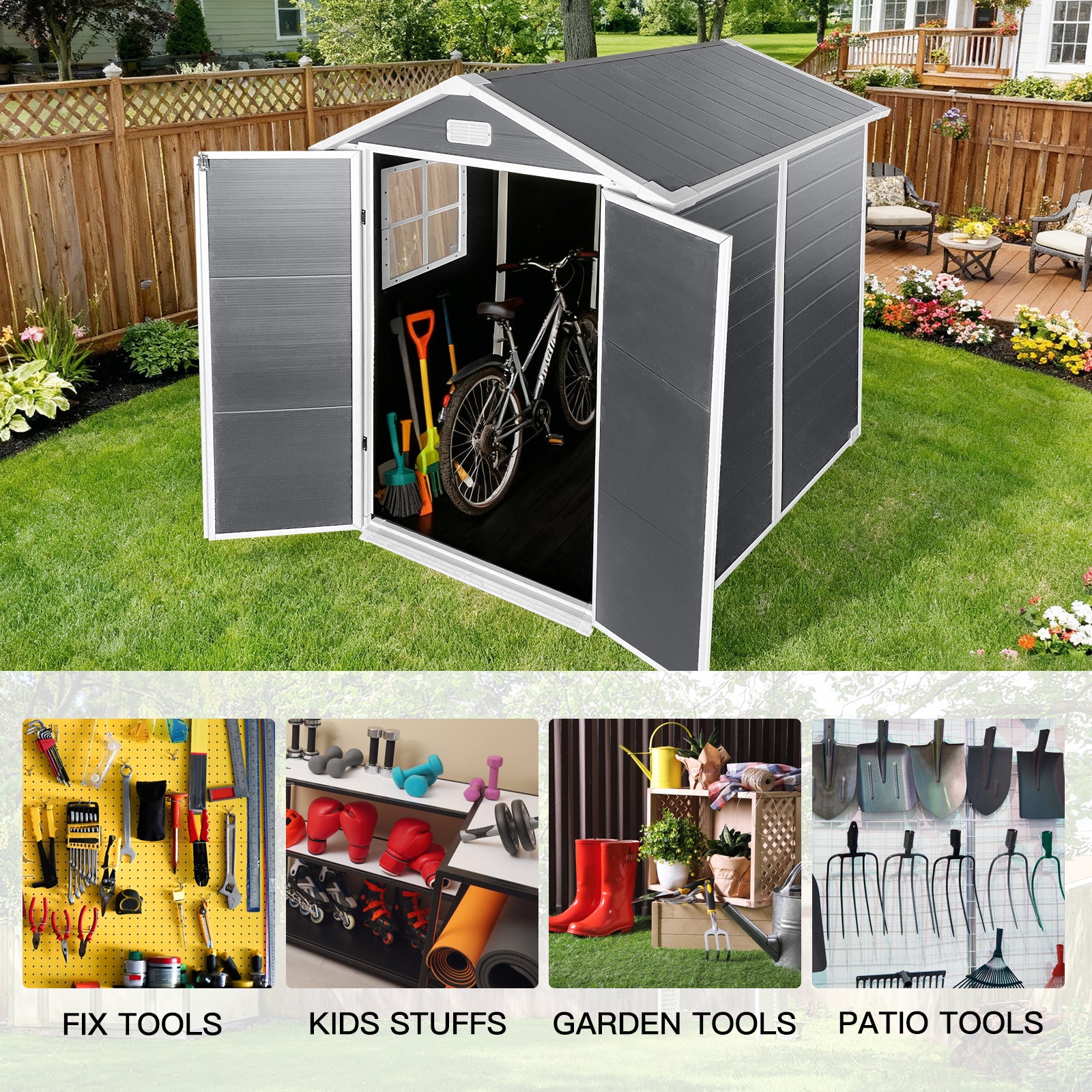6ft x 6ft Plastic Outdoor Storage with Floor and Lockable Door Plastic Garden Shed for Backyard, Lawn, Gray
