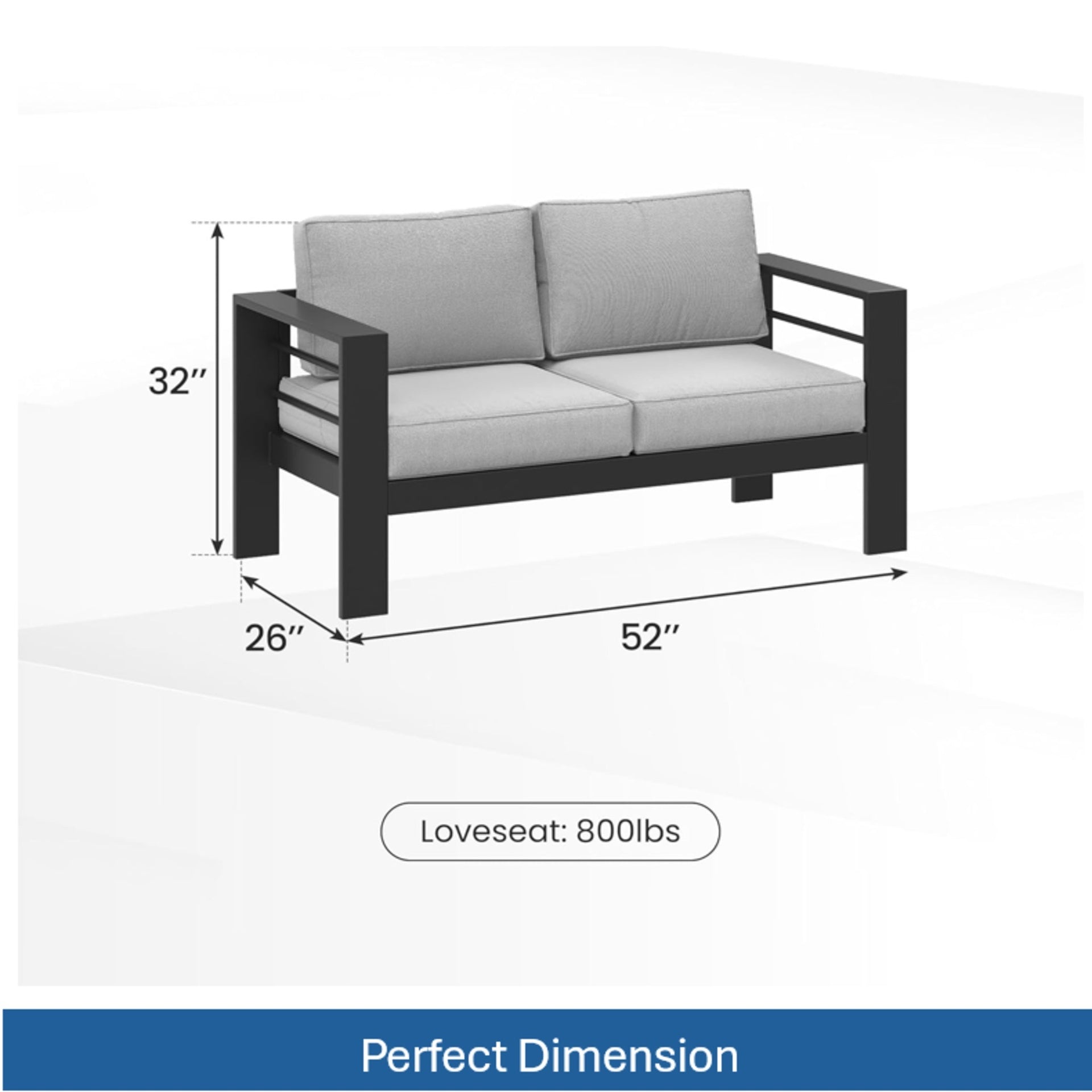 52" All-Weather Metal Loveseat Patio Sofa with Thick Light Gray Cushions & Black Frame