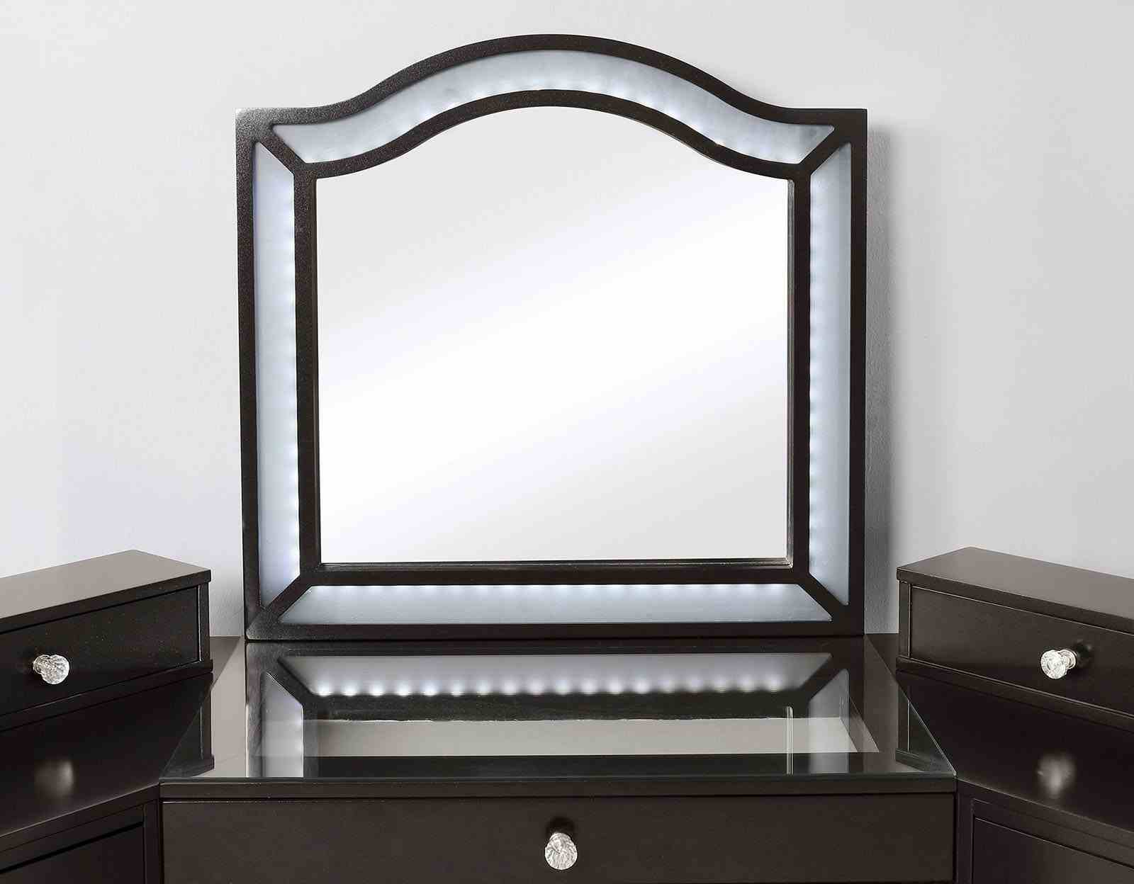 Glam Style 1pc Vanity w/ Stool Set 8mm Glass Top Storage Drawers LED On Mirror Obsidian Gray Finish Bedroom Furniture