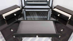 Glam Style 1pc Vanity w/ Stool Set 8mm Glass Top Storage Drawers LED On Mirror Obsidian Gray Finish Bedroom Furniture