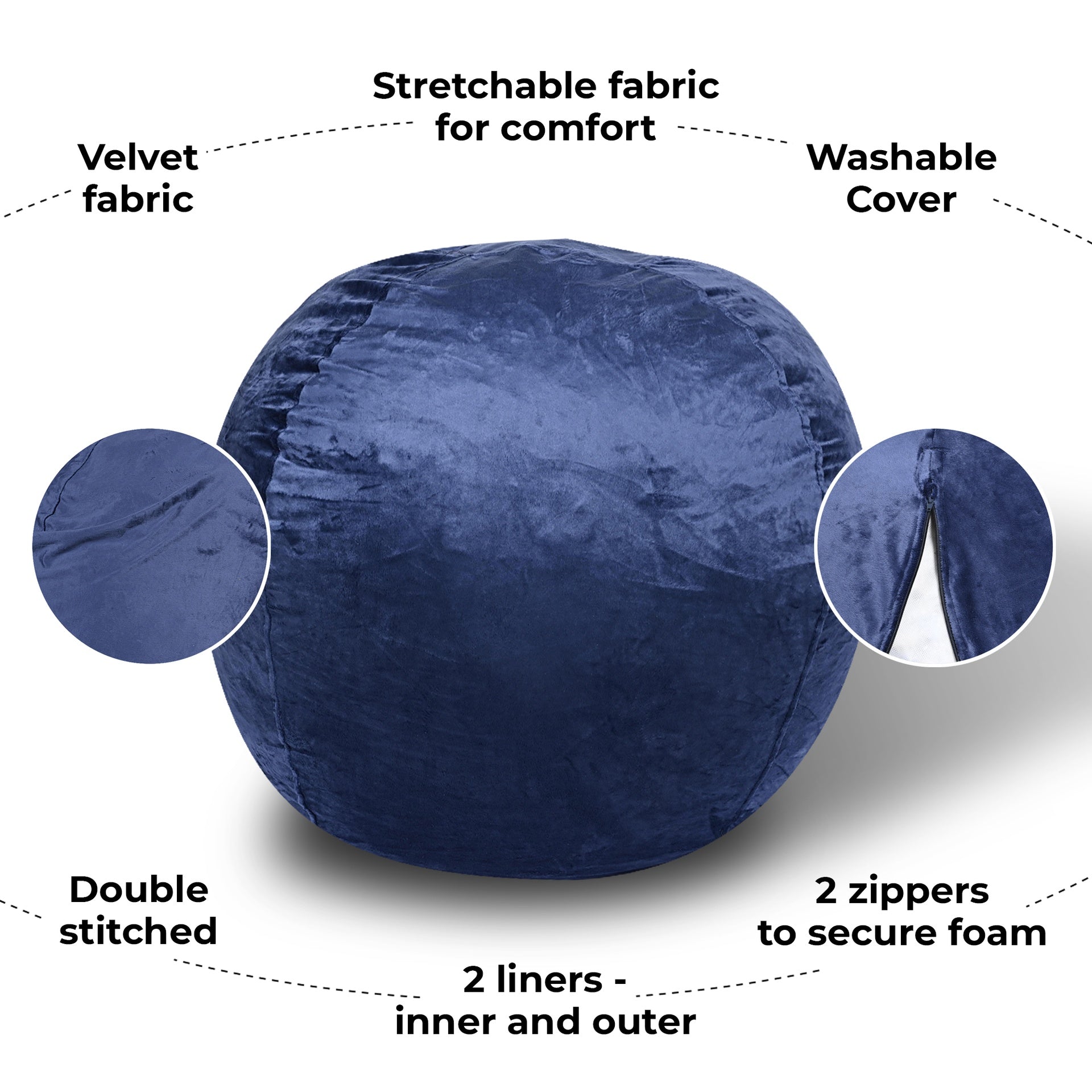 Minky Velvet Bean Bag Chair, Navy-5ft Plush Floor Chair for Kids and Adults w/ Washable Cover, Lounge Chair with Stretchable Fabric, Comfy Bedroom Chair, Filled with Shredded and Memory Foam.