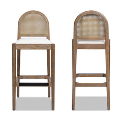 Panama 30.5" Curved Back Cane Rattan Bar Stool, Set of 2, Ivory White Boucle