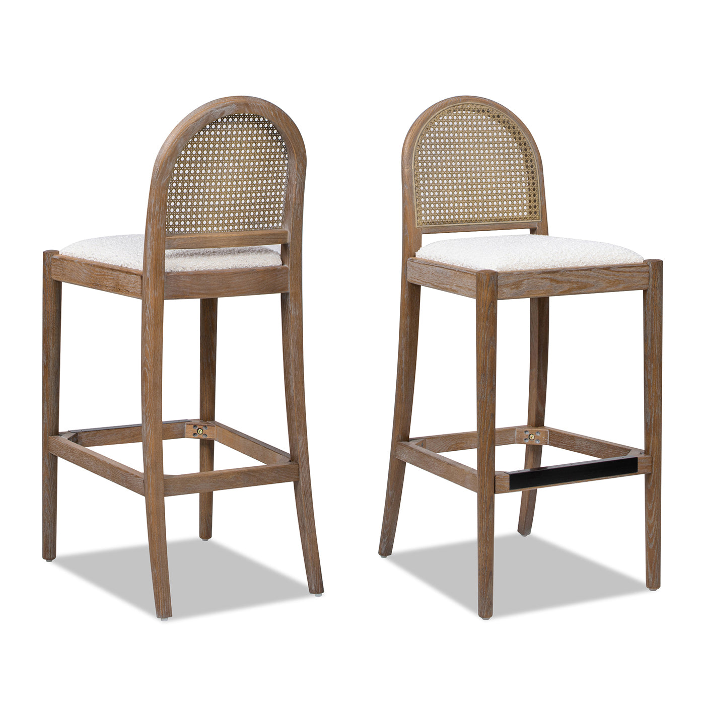 Panama 30.5" Curved Back Cane Rattan Bar Stool, Set of 2, Ivory White Boucle