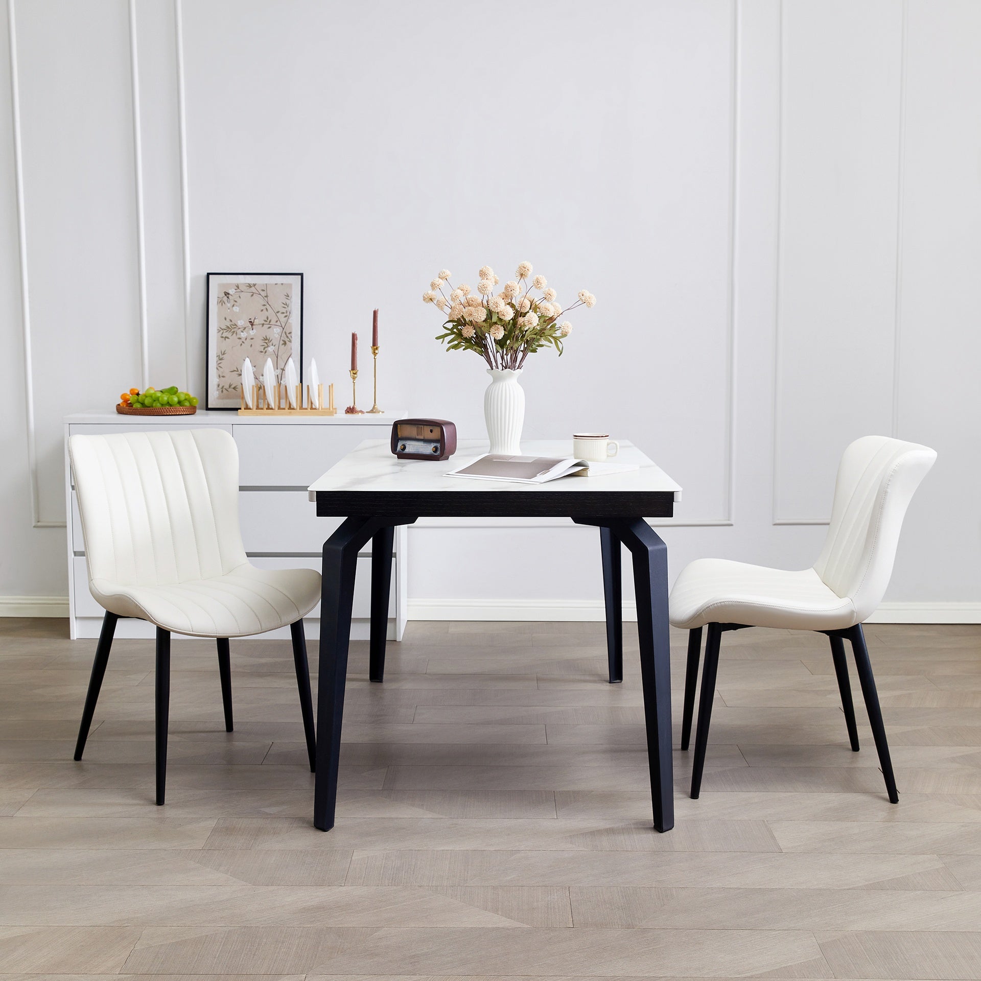 Set of 2 Cream White Dining Chairs: Faux Leather Mid-Century Modern Accent Chairs for Kitchen, Dining Room, Living Room, and Reception