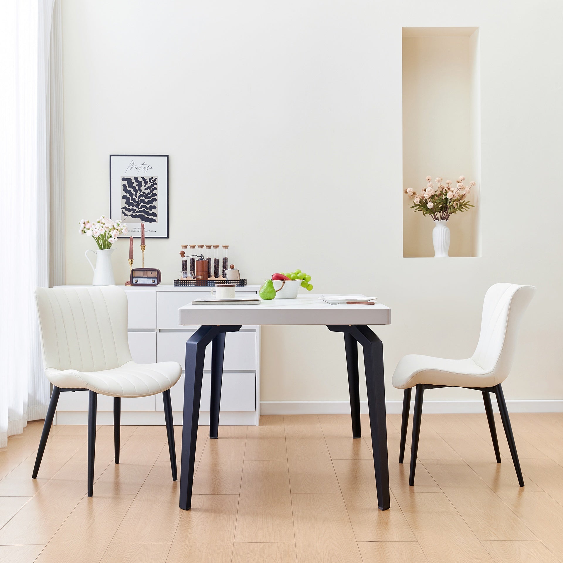 Set of 2 Cream White Dining Chairs: Faux Leather Mid-Century Modern Accent Chairs for Kitchen, Dining Room, Living Room, and Reception