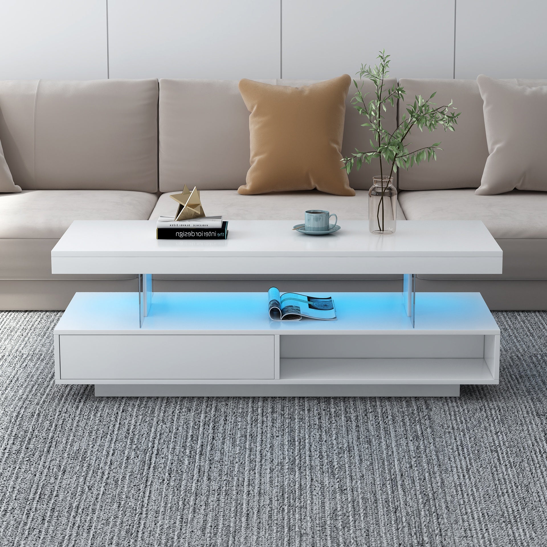 VIBE HAUS LED Coffee Table with Storage, Modern Center Table with 2 Drawers and Display Shelves, Accent Furniture with LED Lights for Living Room,White