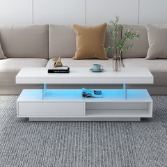VIBE HAUS LED Coffee Table with Storage, Modern Center Table with 2 Drawers and Display Shelves, Accent Furniture with LED Lights for Living Room,White
