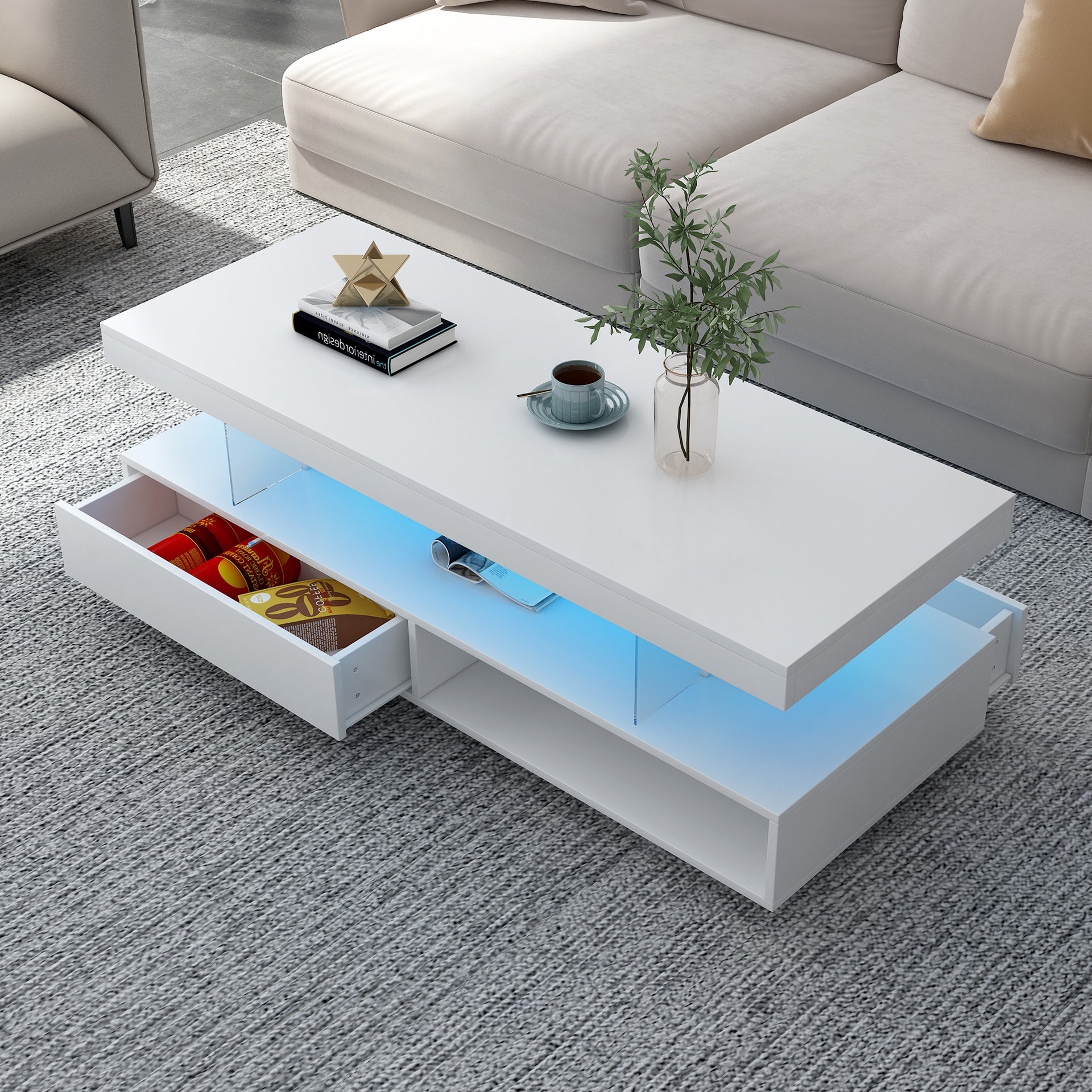 VIBE HAUS LED Coffee Table with Storage, Modern Center Table with 2 Drawers and Display Shelves, Accent Furniture with LED Lights for Living Room,White