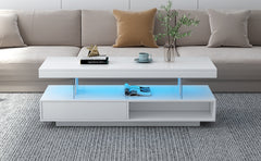 VIBE HAUS LED Coffee Table with Storage, Modern Center Table with 2 Drawers and Display Shelves, Accent Furniture with LED Lights for Living Room,White