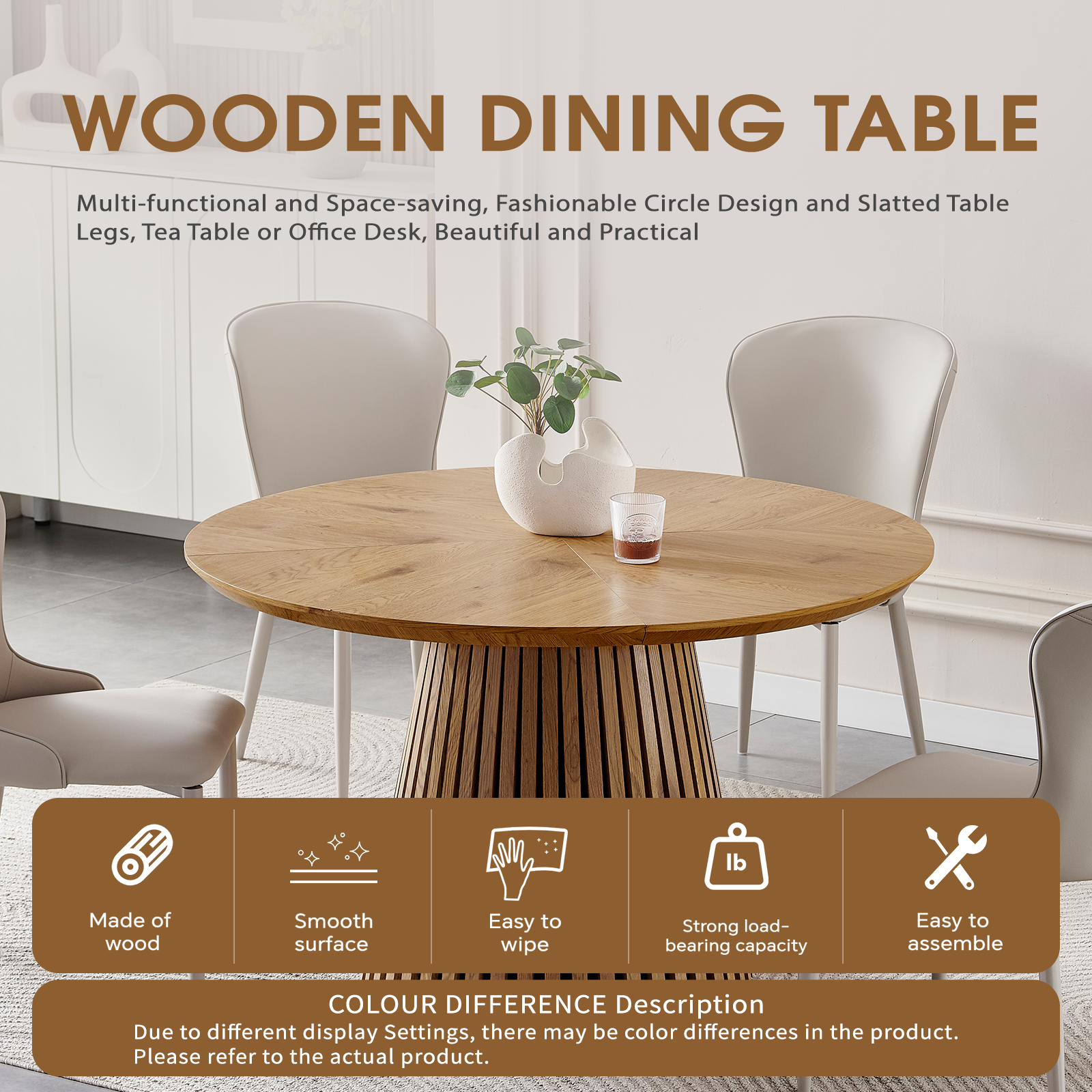 Wooden dining table, modern round kitchen dining table, fashionable design, suitable for family gatherings, multi-functional and space-saving, suitable for living room and dining room