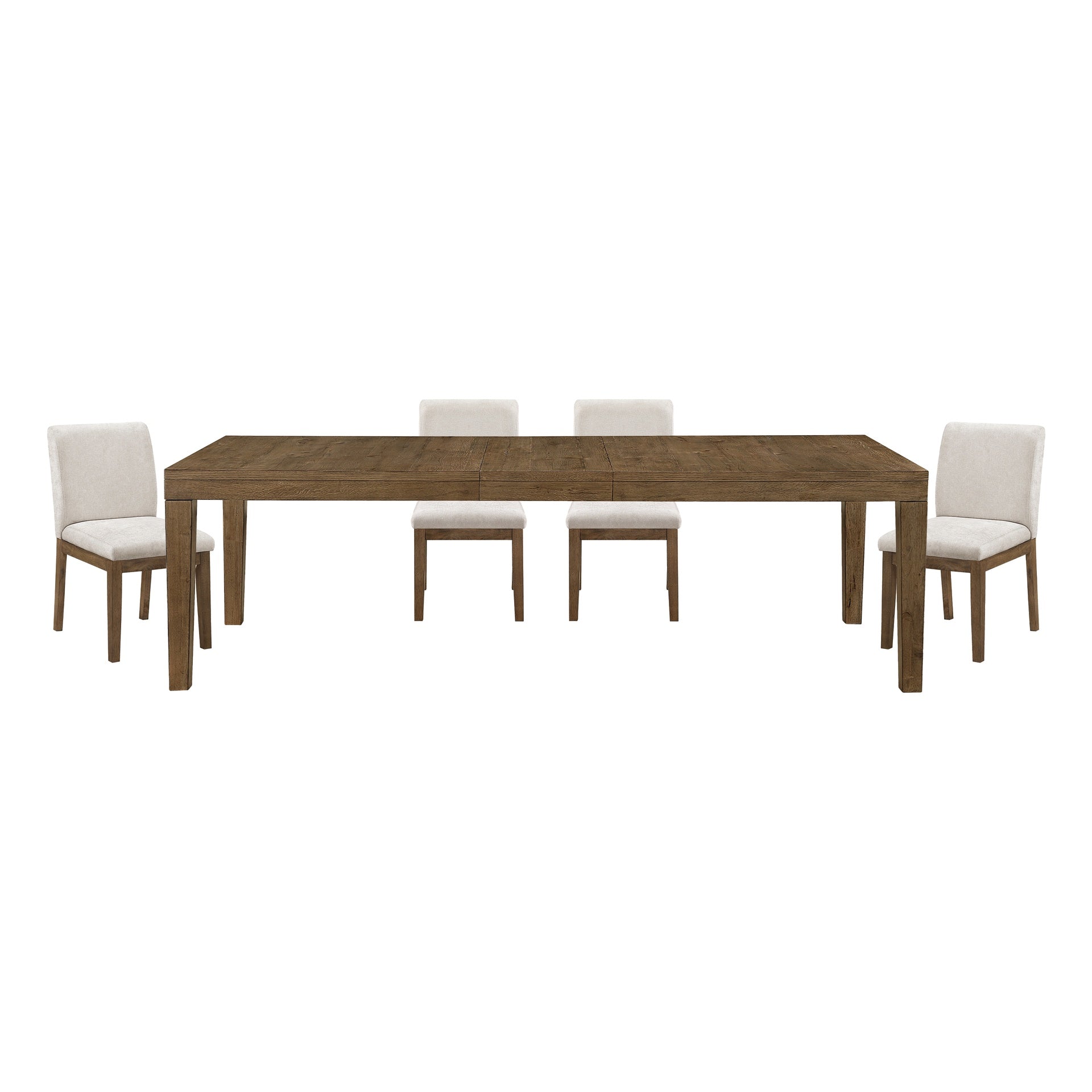 Brown Finish 5pc Dining Set Large Table and Upholstered Chairs Self-Storing Extension Leaf Sturdy Frame Wooden Furniture