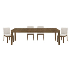 Brown Finish 5pc Dining Set Large Table and Upholstered Chairs Self-Storing Extension Leaf Sturdy Frame Wooden Furniture