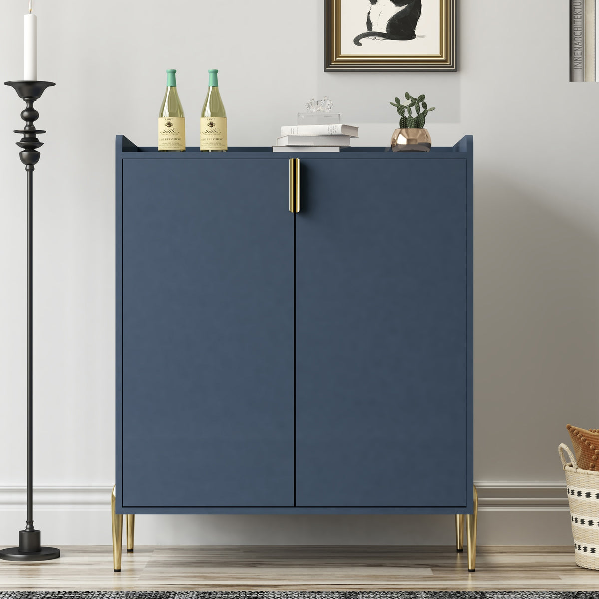 2 doors home wine bar cabinet with wine rack & adjustable storage shelf, modern sideboard with soft-closing hinge, dinning room buffet cabinet, Liquor Cabinet kitchen, living room coffee cart Blue