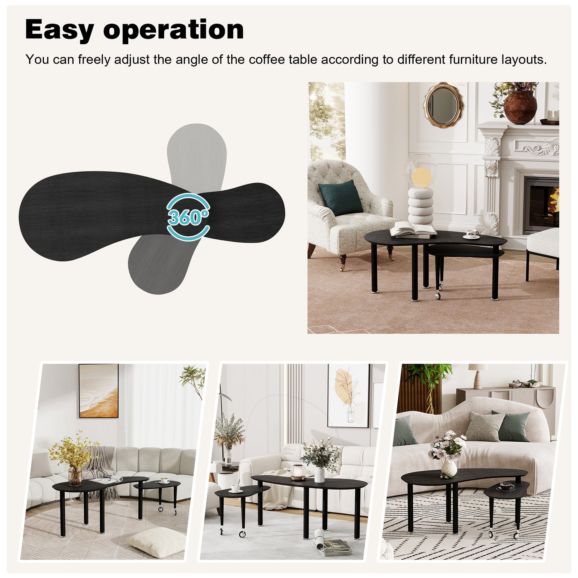Contemporary rotatable cocktail table with solid rubber wood legs, 360 degree rotating coffee table with wood grain veneer tabletop black / walnut / grey brown finish for living room, bedroom