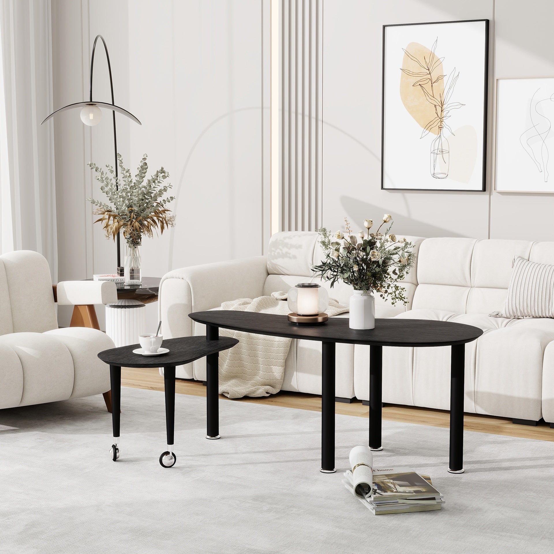 Contemporary rotatable cocktail table with solid rubber wood legs, 360 degree rotating coffee table with wood grain veneer tabletop black / walnut / grey brown finish for living room, bedroom