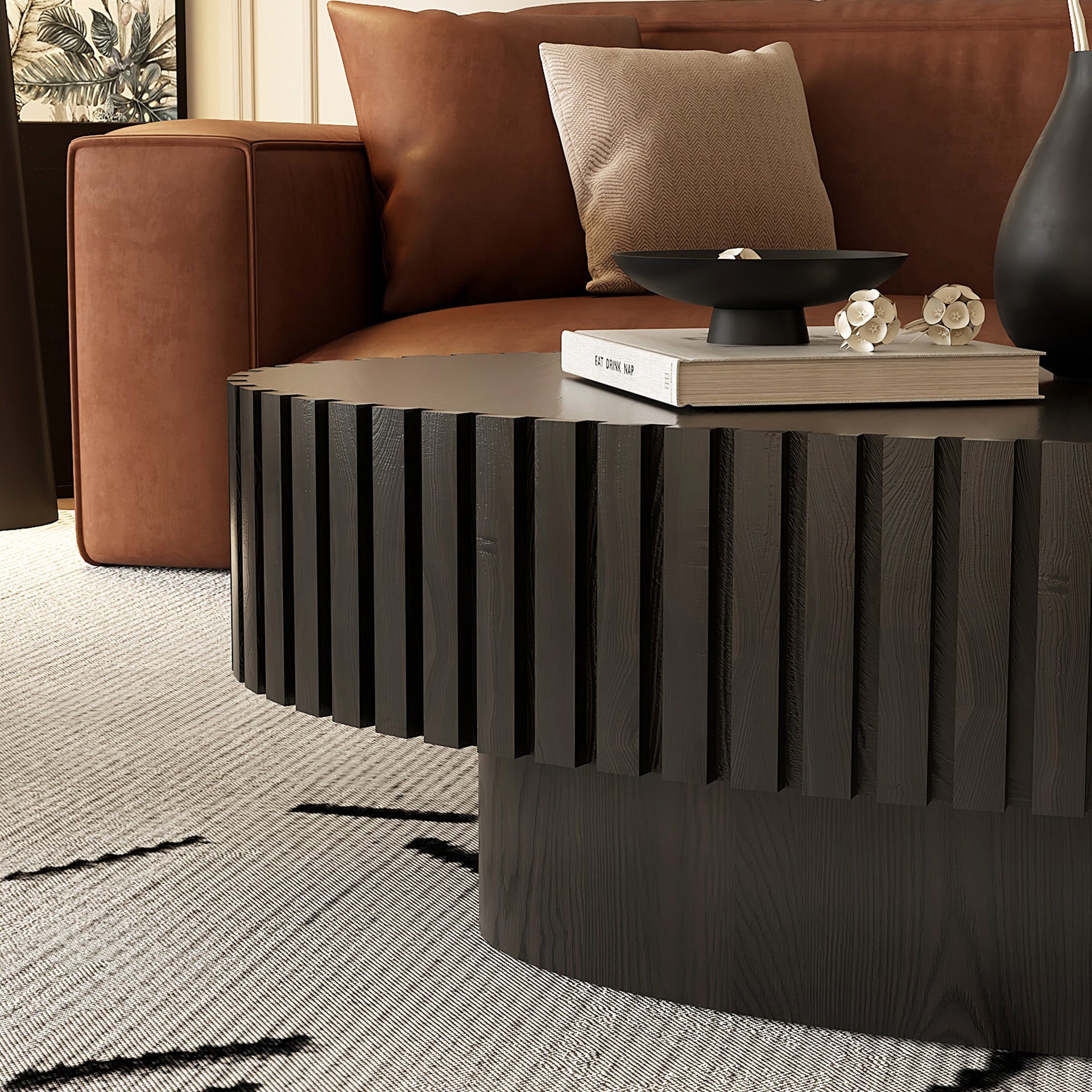 Oval Coffee Table Handcrafted Relief Sturdy Pedestal Wooden Olive-Shaped Tea Table for Living Room
