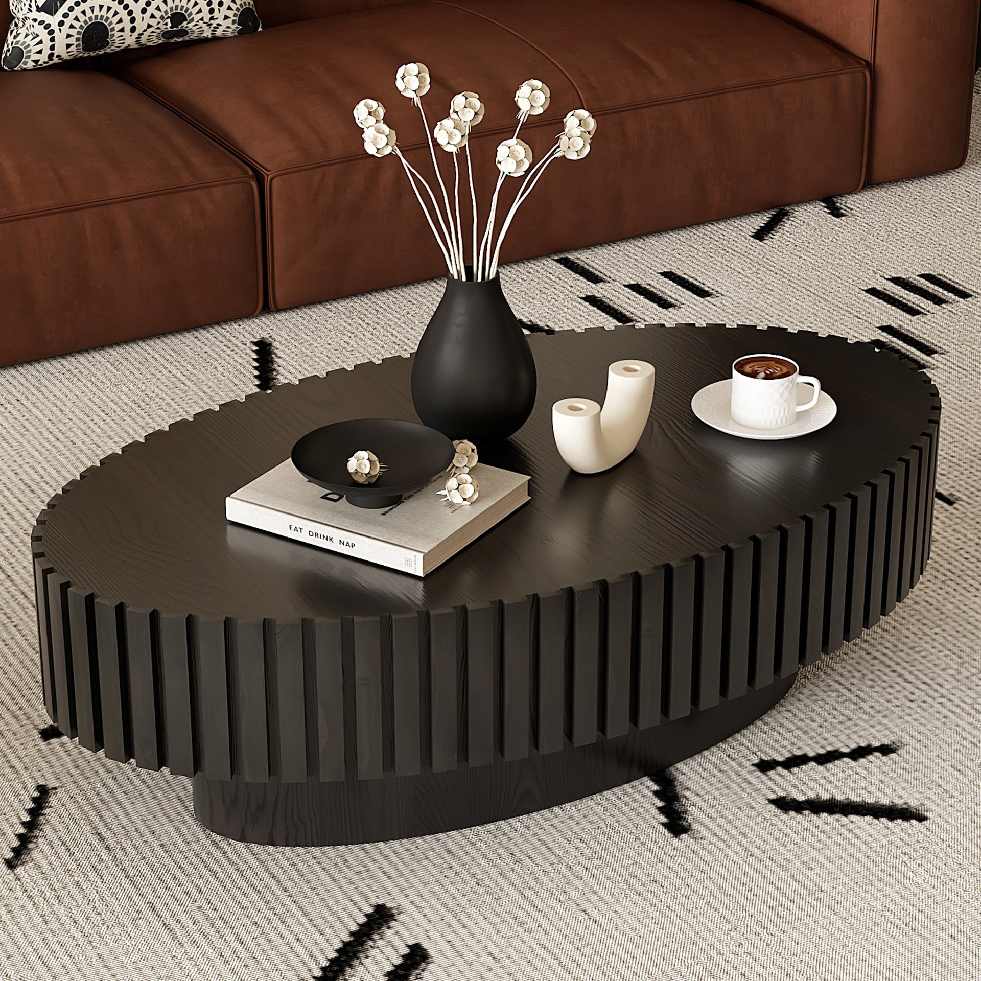 Oval Coffee Table Handcrafted Relief Sturdy Pedestal Wooden Olive-Shaped Tea Table for Living Room