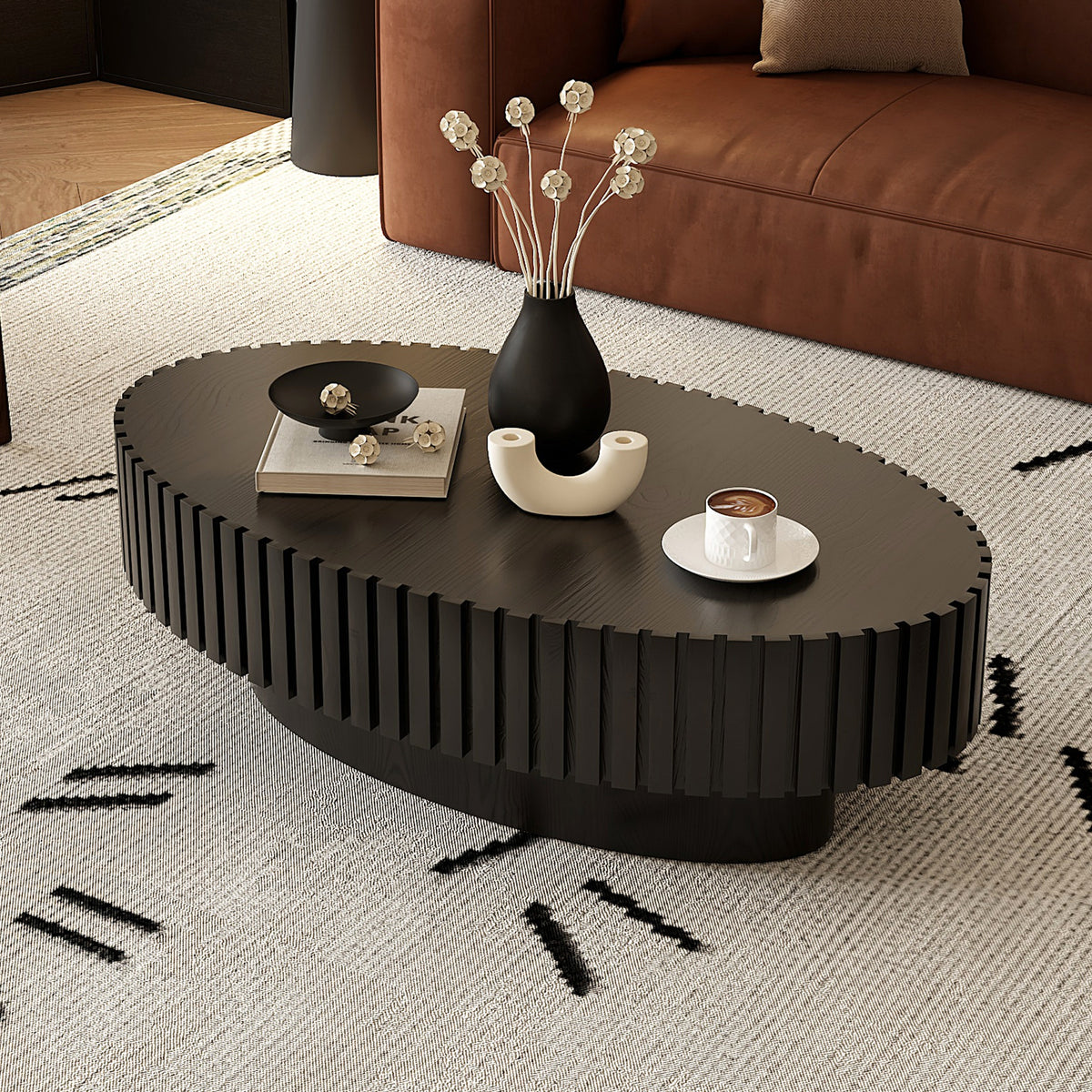 Oval Coffee Table Handcrafted Relief Sturdy Pedestal Wooden Olive-Shaped Tea Table for Living Room