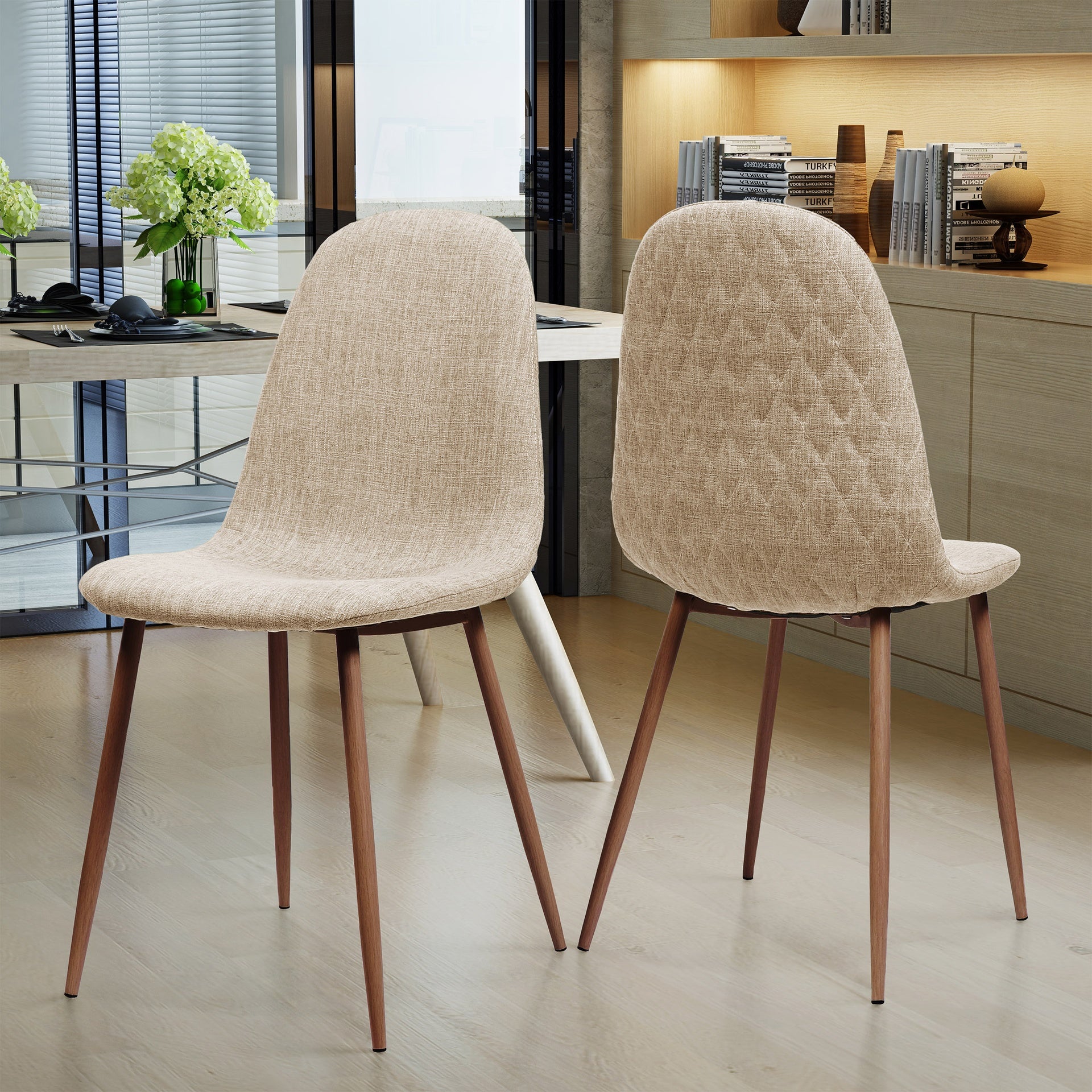 Mid-Century Dining Chair Fabric Upholstered Chair with Dark Walnut Wood Finished Metal Legs (Set of 2), Wheat