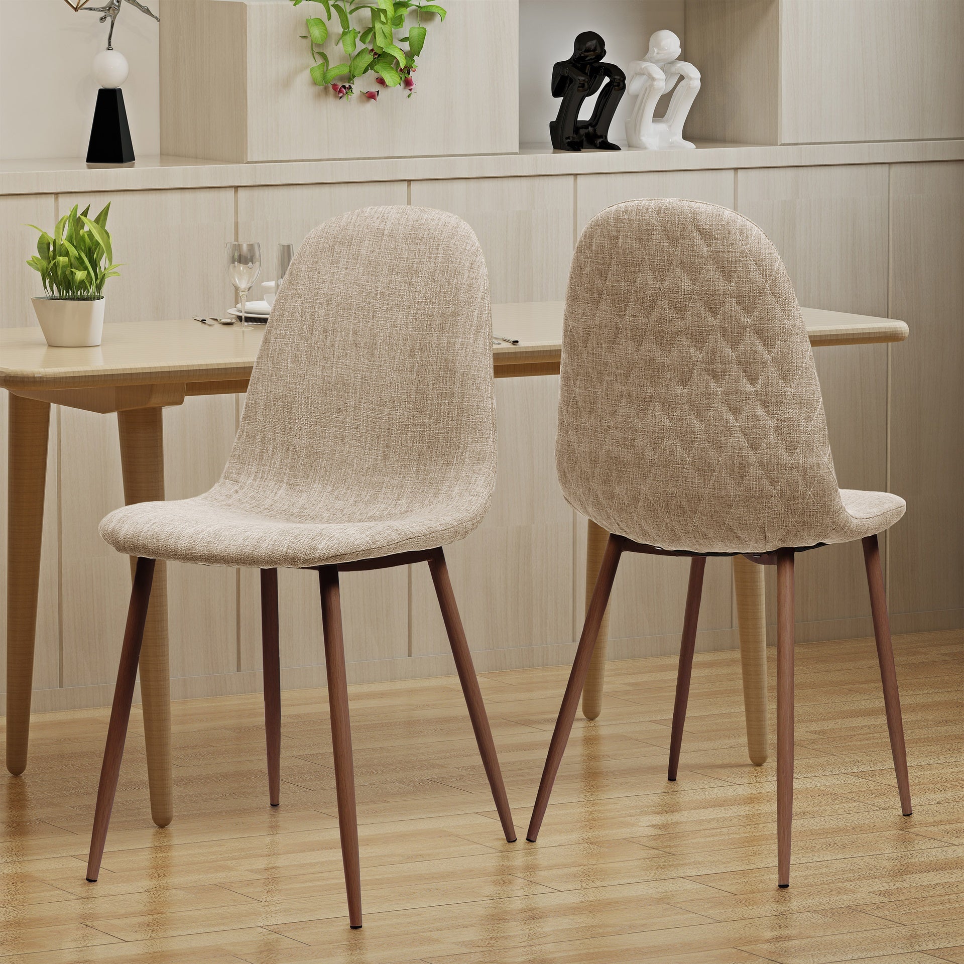 Mid-Century Dining Chair Fabric Upholstered Chair with Dark Walnut Wood Finished Metal Legs (Set of 2), Wheat