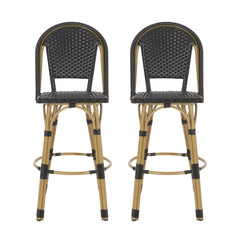 29.5" Outdoor PE Rattan and Aluminum French Barstools, Set of 2, Black and Bamboo Finish