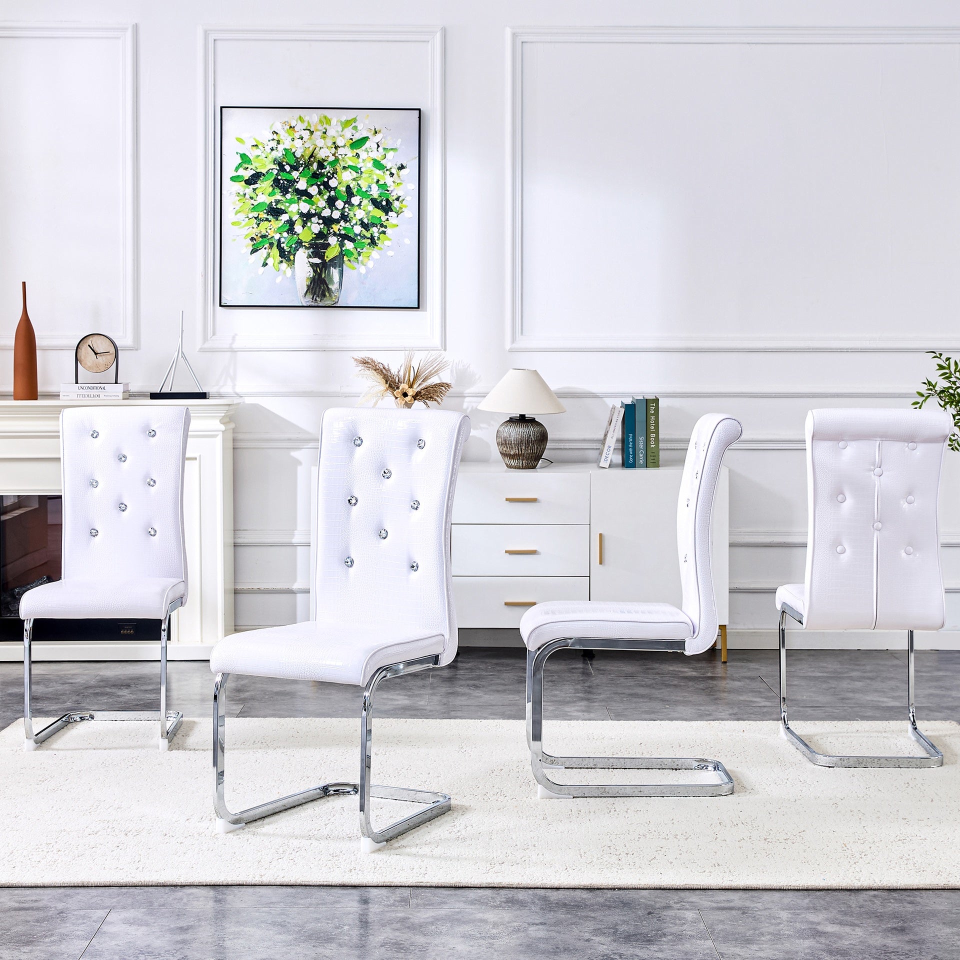Set of 4,Retro alligator skin Upholstered dining chairs,with Crystal buckle design and Faux Leather design,a touch of elegance and mystery to the dining area,Electroplated metal bow leg