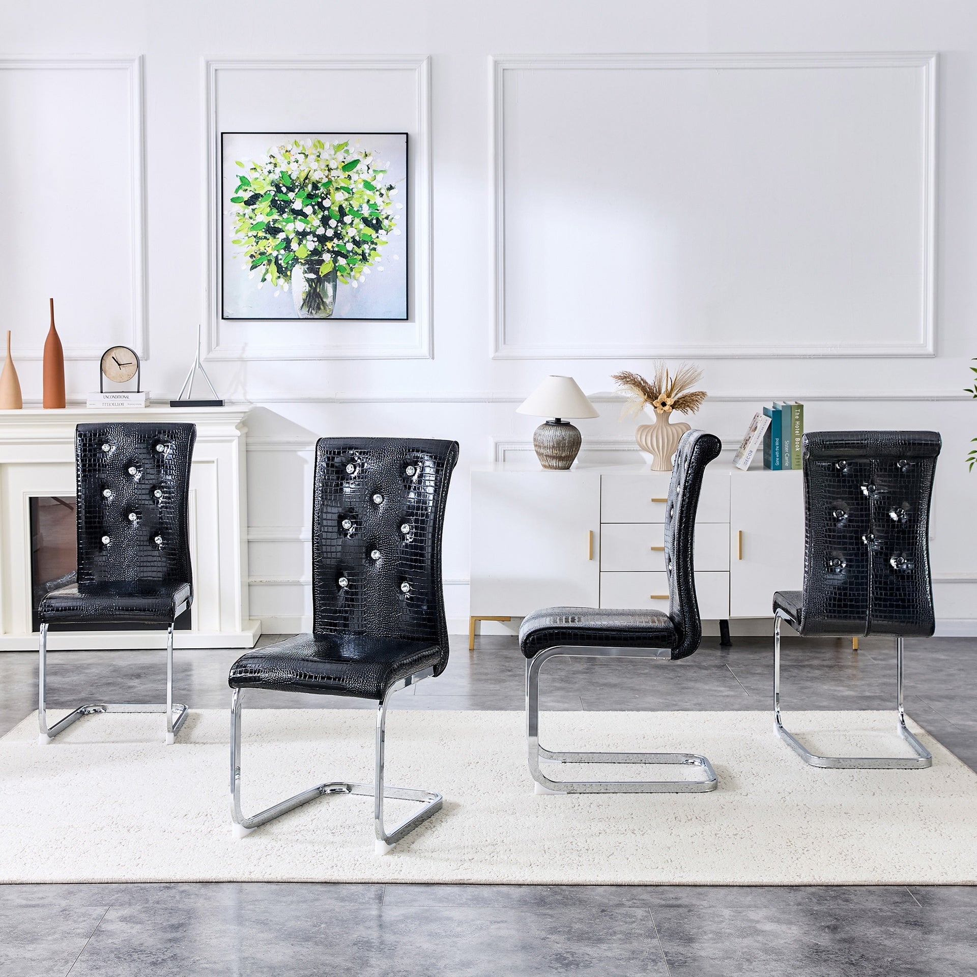 Set of 4,Retro alligator skin Upholstered dining chairs,with Crystal buckle design and Faux Leather design,a touch of elegance and mystery to the dining area,Electroplated metal bow leg