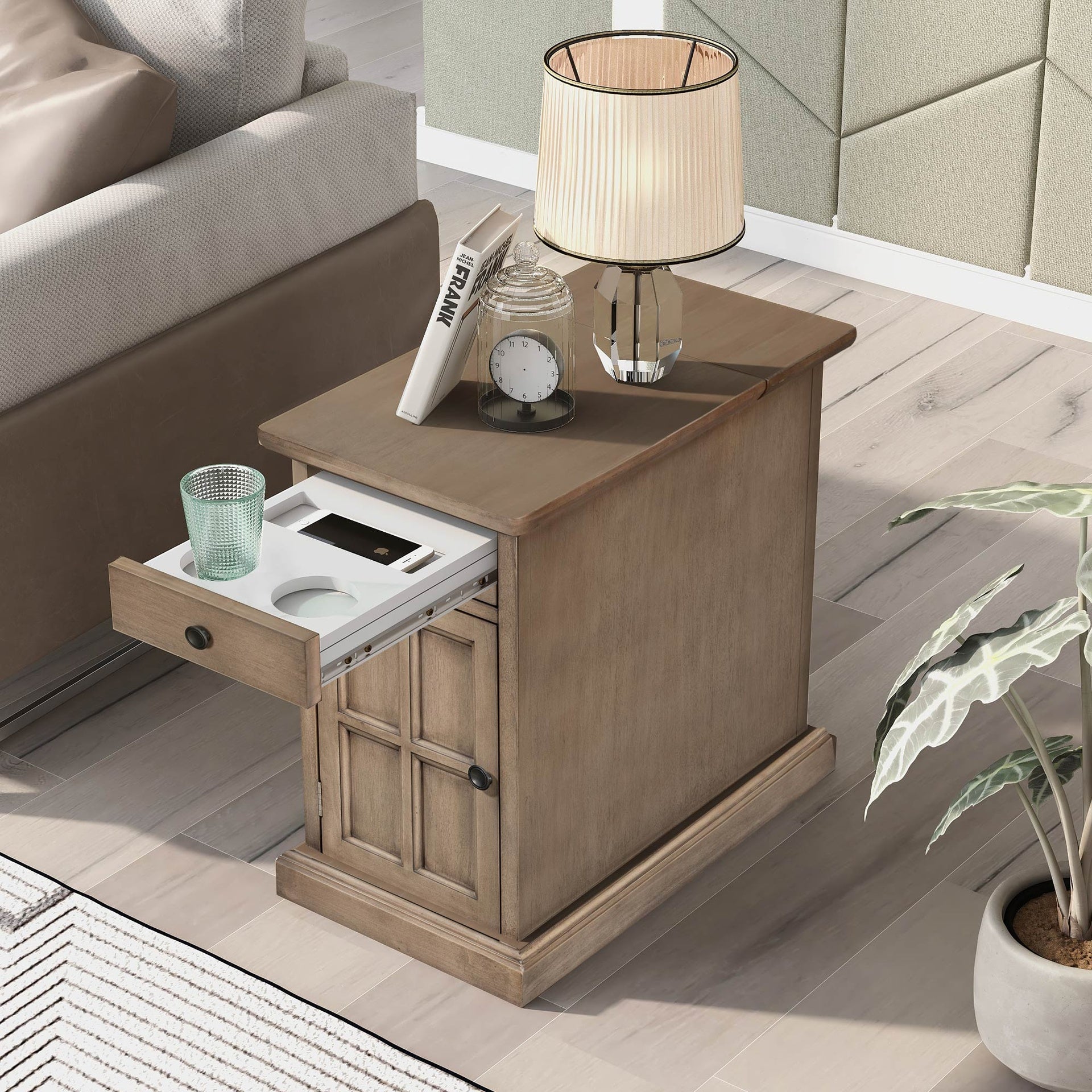 U-Can Classic Vintage Livingroom End Table Side Table with USB Ports and One Multifunctional Drawer with cup holders, Antique Brown (Old SKU: WF296294AAD)