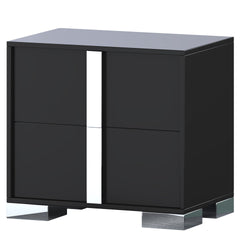 Elegant Nightstand with Metal Foot, Mirrored Bedside Table with 2 Drawers for Bedroom, Living Room, Black