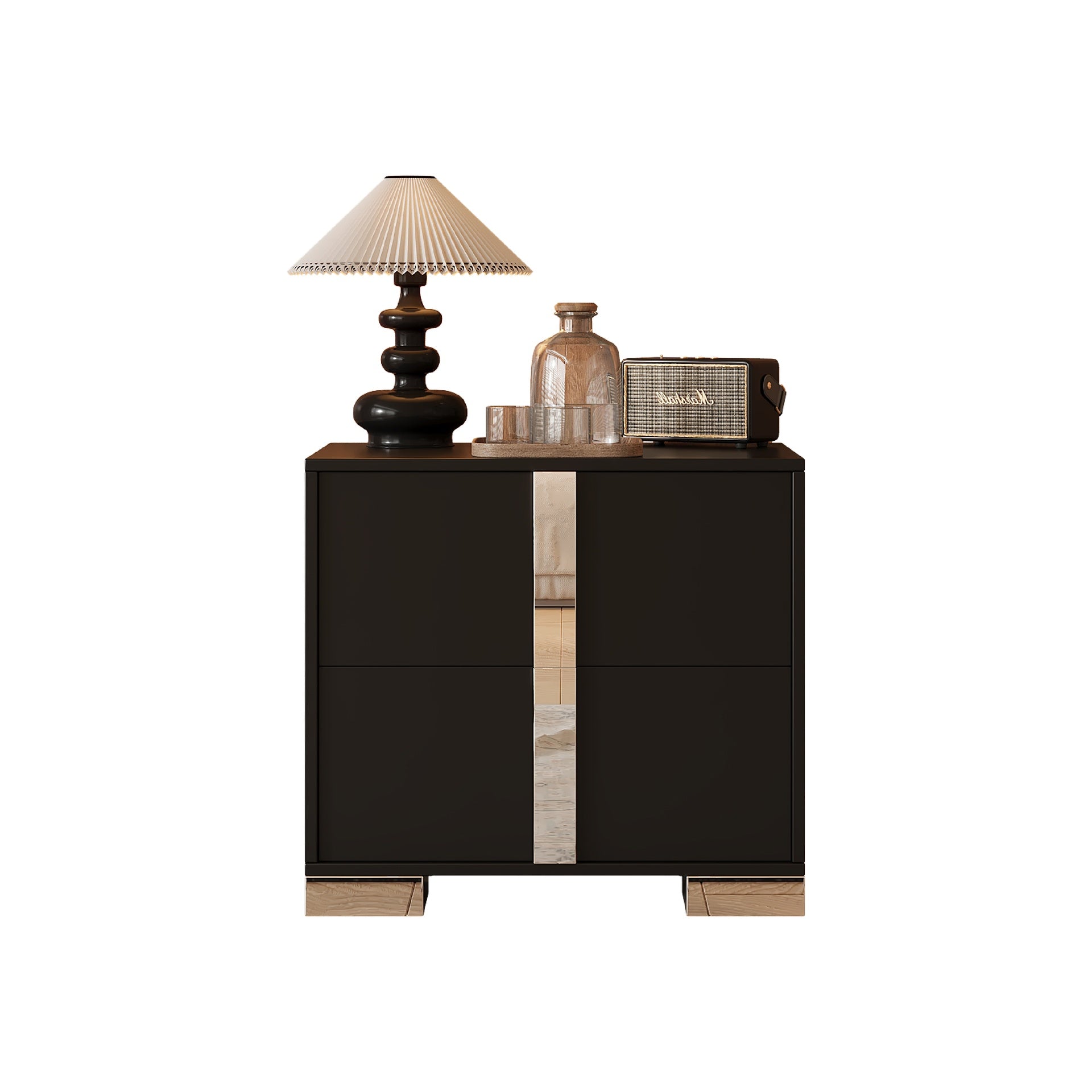 Elegant Nightstand with Metal Foot, Mirrored Bedside Table with 2 Drawers for Bedroom, Living Room, Black