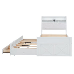 Twin Size Wooden Bed with Storage Headboard with Outlets, Extendable Bed with Twin Size Trundle with Three Storage Drawers,White