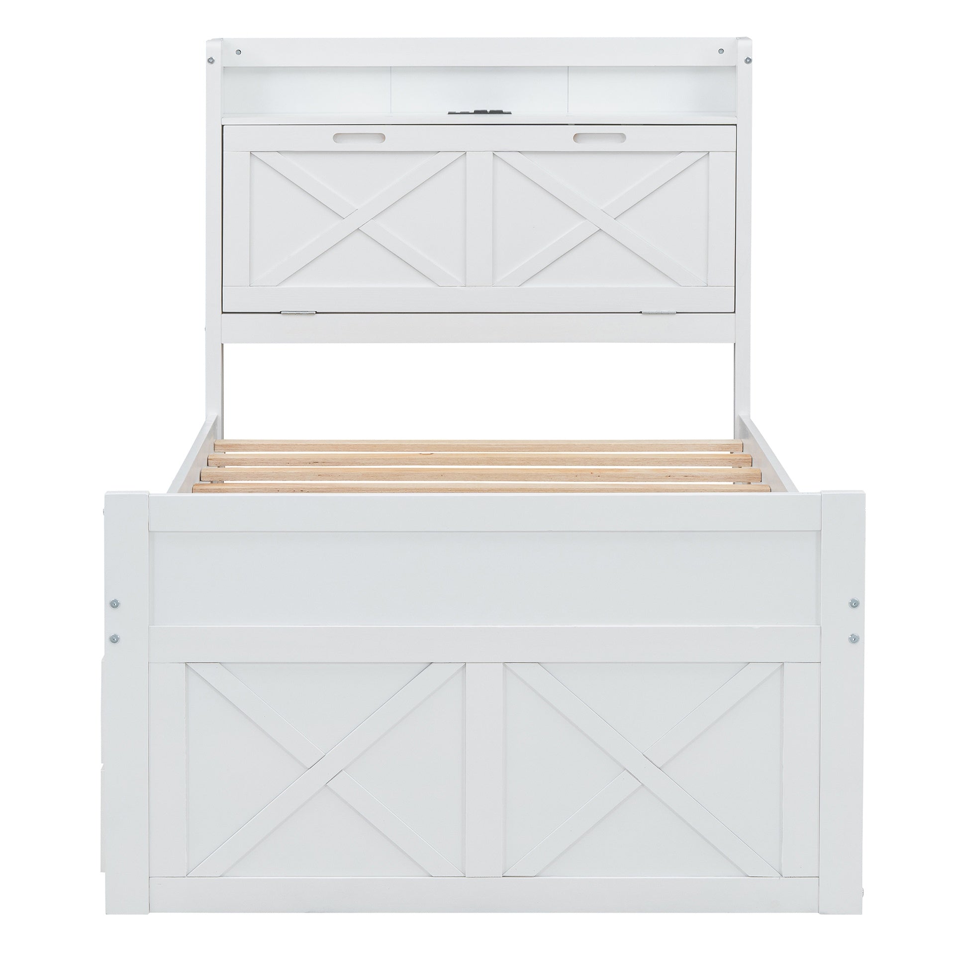 Twin Size Wooden Bed with Storage Headboard with Outlets, Extendable Bed with Twin Size Trundle with Three Storage Drawers,White