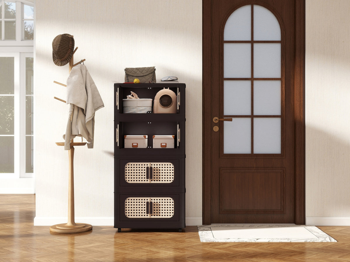 Retro Brown, 20" Side Wide Folding Storage Cabinet ,4 Tiers,19.69"×11.81"×40.55",Collapsible Storage Bins with Magnetic Door, Plastic Storage Cabinet with Wheels