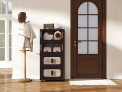 Retro Brown, 20" Side Wide Folding Storage Cabinet ,4 Tiers,19.69"×11.81"×40.55",Collapsible Storage Bins with Magnetic Door, Plastic Storage Cabinet with Wheels
