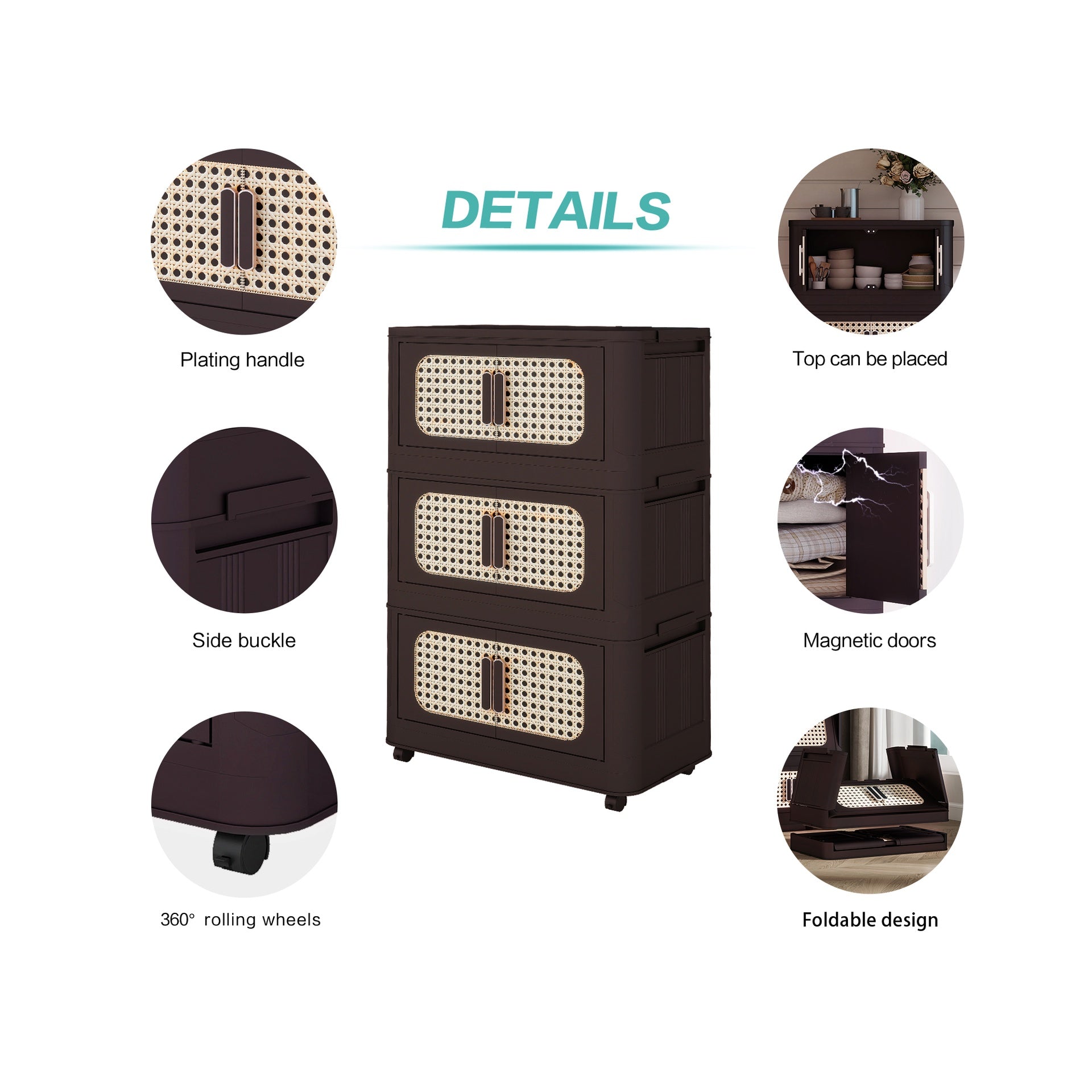 Retro Brown, 20" Side Wide Folding Storage Cabinet ,4 Tiers,19.69"×11.81"×40.55",Collapsible Storage Bins with Magnetic Door, Plastic Storage Cabinet with Wheels