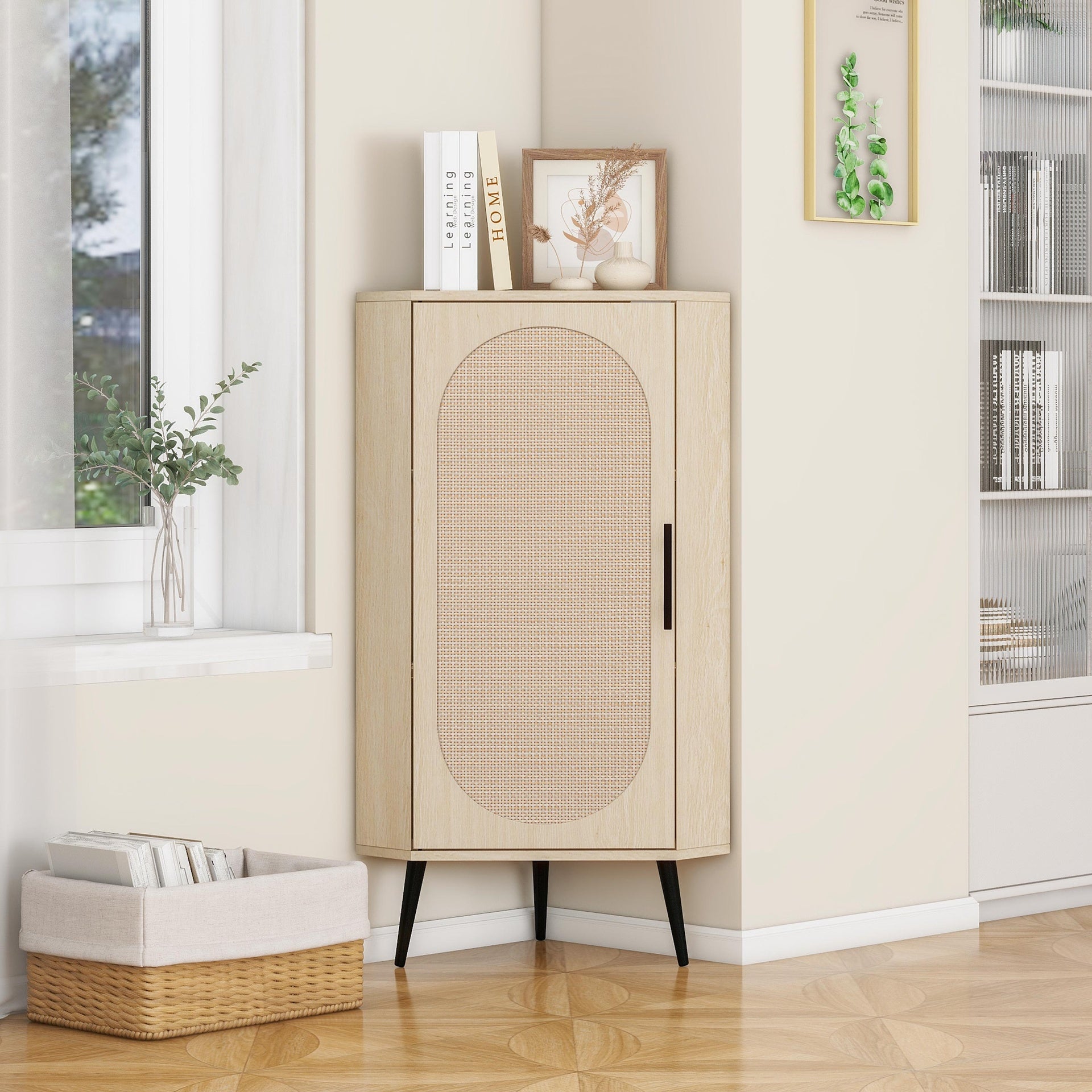 Corner cabinet ,Rattan door,Freestanding Corner Tables For Small Spaces, Corner Shelf Stand For Living Room, Kitchen, Bedroom