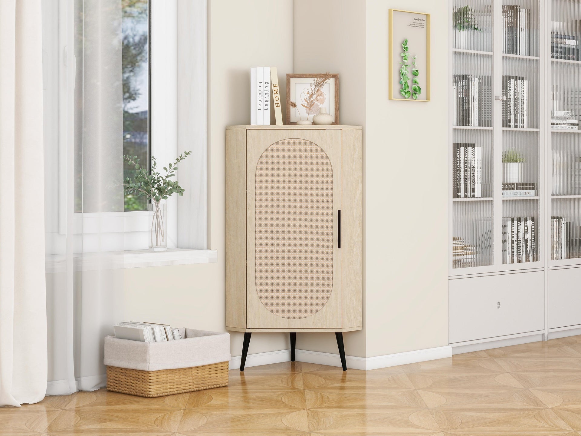 Corner cabinet ,Rattan door,Freestanding Corner Tables For Small Spaces, Corner Shelf Stand For Living Room, Kitchen, Bedroom