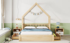 Wood Queen Size House Platform Bed with Guardrail and 2 Drawers, Natural