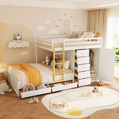 Full Size Bunk Bed with 2 Large Drawers & 5 Small Drawers, MDF & Solid Wood Construction, Modern Storage Design with Small Wardrobe –White