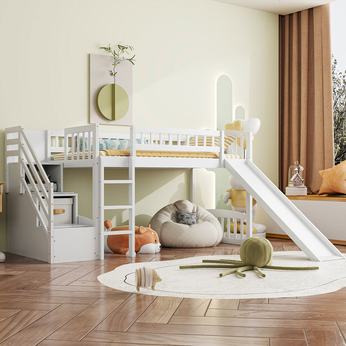 Stairway Twin Size Loft Bed with Two Drawers and Slide, White(OLD SKU:LT000515AAK)