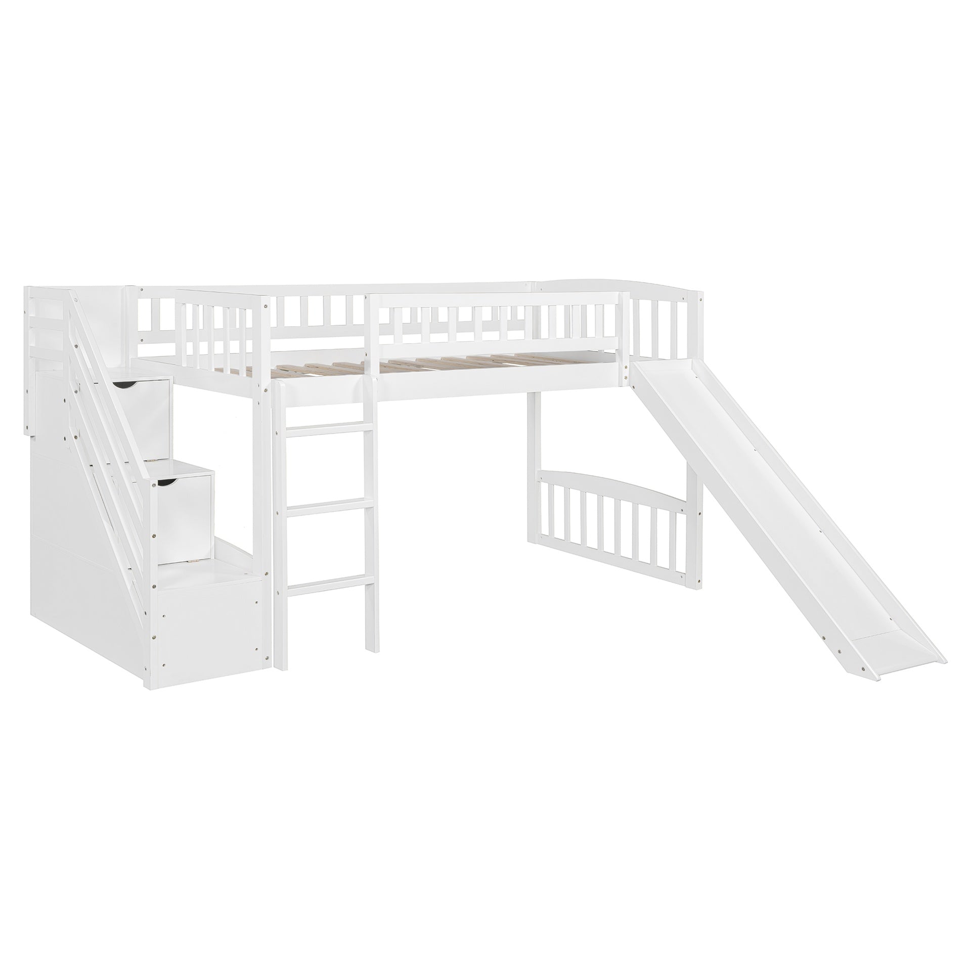 Stairway Twin Size Loft Bed with Two Drawers and Slide, White(OLD SKU:LT000515AAK)