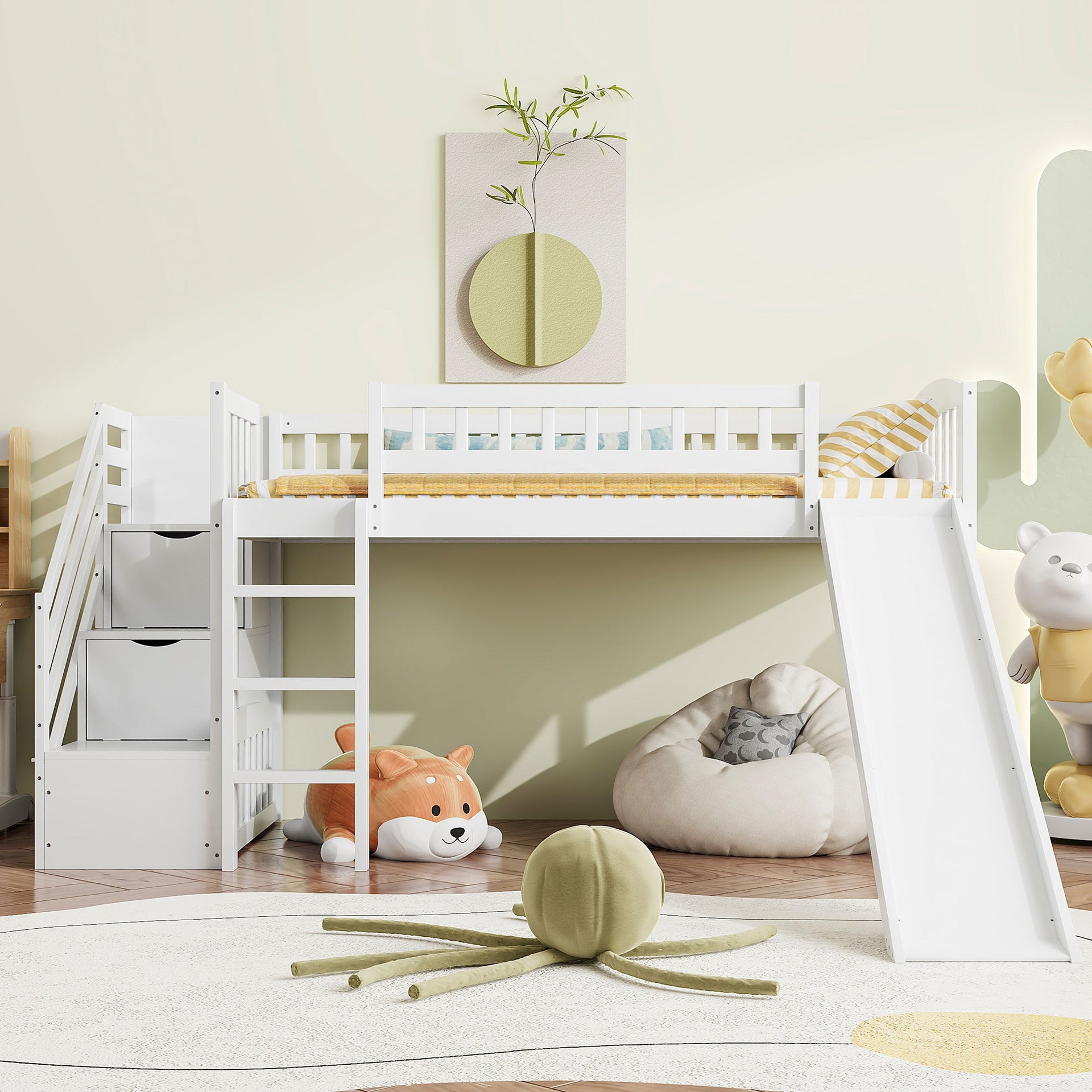 Stairway Twin Size Loft Bed with Two Drawers and Slide, White(OLD SKU:LT000515AAK)