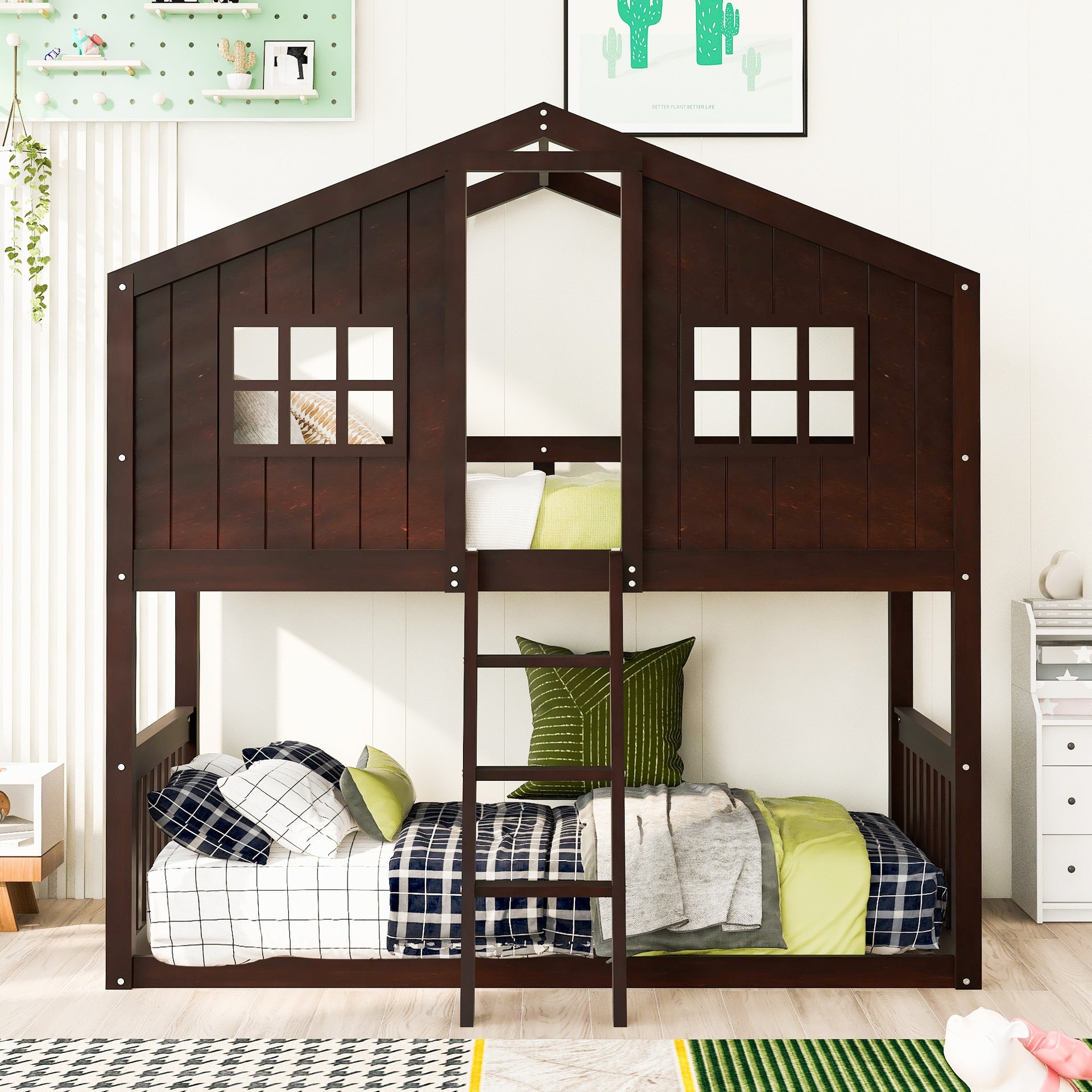 Twin Over Twin House Bunk Bed With Ladder, Wood Bed-Espresso(OLD SKU:LT000184AAP)
