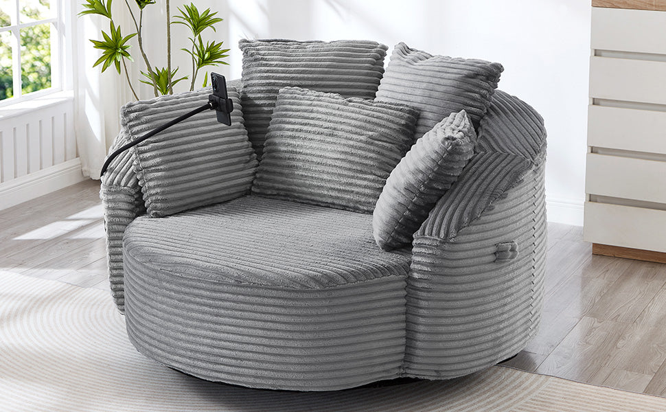 360° Swivel Chair Accent Barrel Chair Corduroy Round Sofa Chair with 5 Throw Pillows and an Adjustable Phone Holder for Living Room, Bedroom, Office and Hotel, Grey