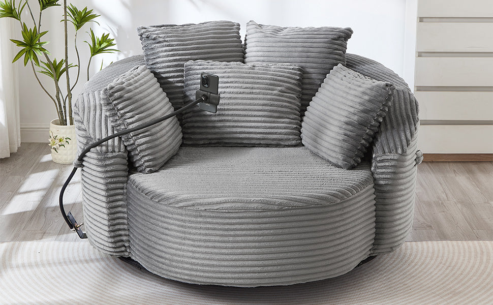 360° Swivel Chair Accent Barrel Chair Corduroy Round Sofa Chair with 5 Throw Pillows and an Adjustable Phone Holder for Living Room, Bedroom, Office and Hotel, Grey