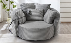 360° Swivel Chair Accent Barrel Chair Corduroy Round Sofa Chair with 5 Throw Pillows and an Adjustable Phone Holder for Living Room, Bedroom, Office and Hotel, Grey