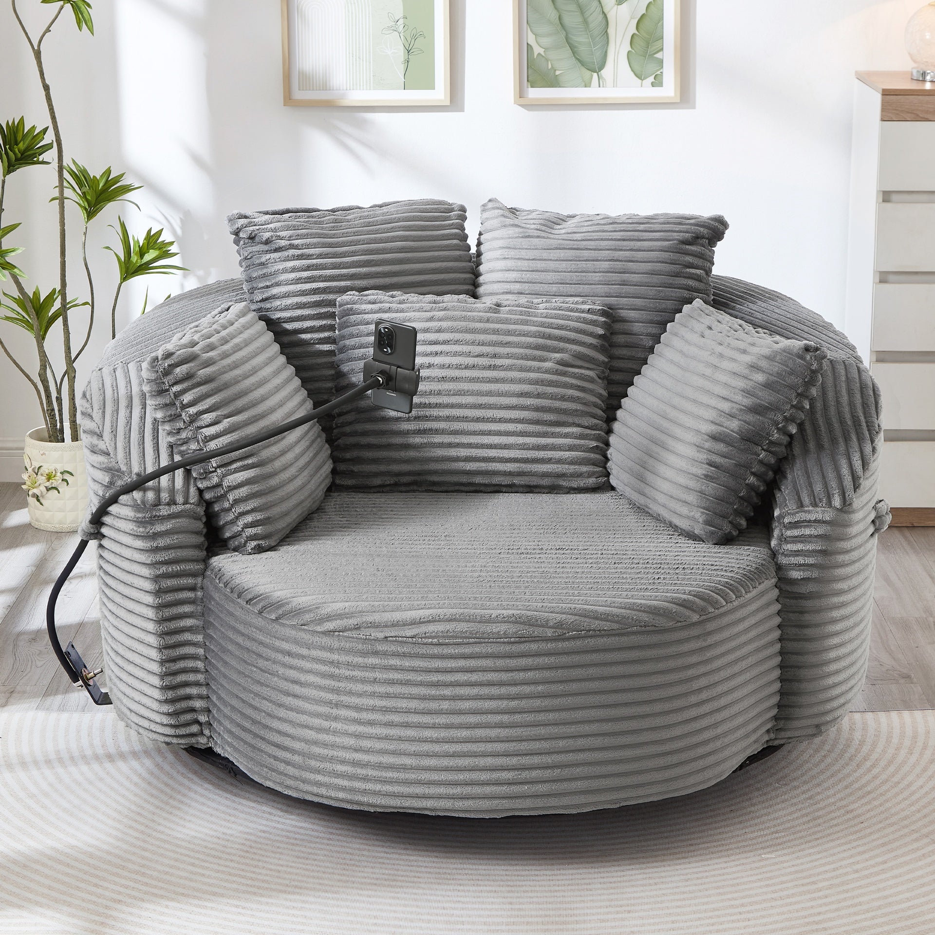 360° Swivel Chair Accent Barrel Chair Corduroy Round Sofa Chair with 5 Throw Pillows and an Adjustable Phone Holder for Living Room, Bedroom, Office and Hotel, Grey