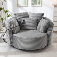 360° Swivel Chair Accent Barrel Chair Corduroy Round Sofa Chair with 5 Throw Pillows and an Adjustable Phone Holder for Living Room, Bedroom, Office and Hotel, Grey