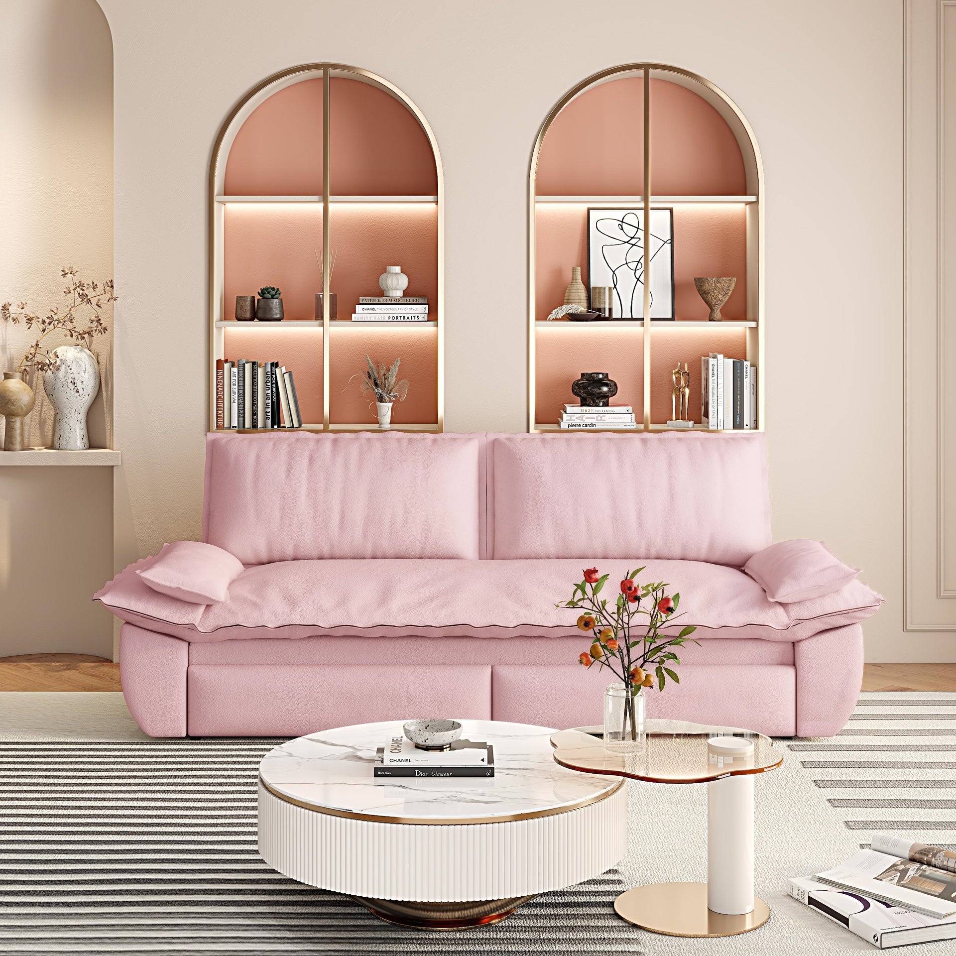 73.2" Queen Pull Out Sofa Bed,3-in-1 Convertible Sleeper Sofa,Multi-Functional Velvet Loveseat Bed,Pink(Old Sku:W1885P163514/W1885S00052/W1885S00197)