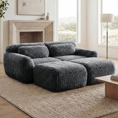 80''Soft Plush Fabric,Boneless Sofa,No Assembly Required,Bottom Anti-Slip Design,With Ottoman And Throw Pillows,Deep Seat Design,32D High Density Sponge Free Combination,For Study,Dark Grey